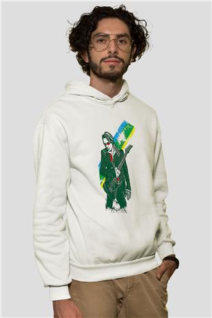 Steve Vai Baskılı Beyaz Unisex Kapüşonlu Sweatshirt