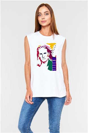 Steve Vai Baskılı Beyaz Unisex Kolsuz Tişört - Tshirt