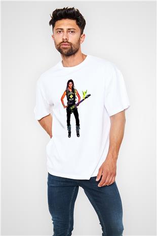 Steve Vai Baskılı Beyaz Unisex Oversize Tişört - Tshirt