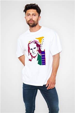 Steve Vai Baskılı Beyaz Unisex Oversize Tişört - Tshirt