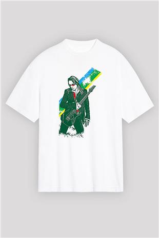 Steve Vai Baskılı Beyaz Unisex Oversize Tişört - Tshirt