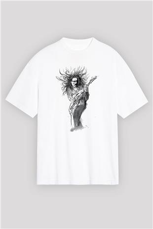 Steve Vai Baskılı Beyaz Unisex Oversize Tişört - Tshirt