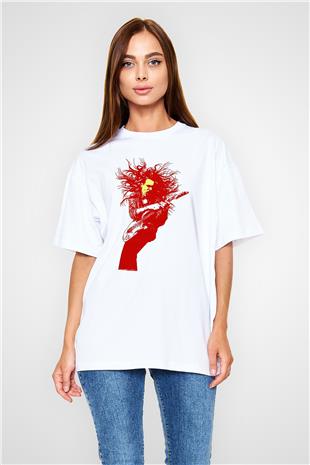 Steve Vai Baskılı Beyaz Unisex Oversize Tişört - Tshirt