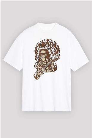 Steve Vai Baskılı Beyaz Unisex Oversize Tişört - Tshirt
