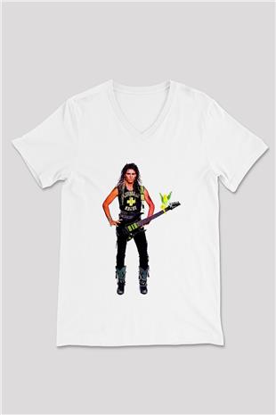 Steve Vai Baskılı Beyaz Unisex V Yaka Tişört - Tshirt