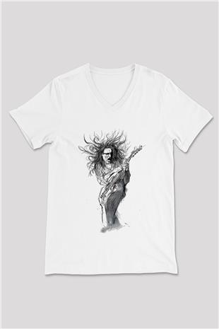 Steve Vai Baskılı Beyaz Unisex V Yaka Tişört - Tshirt