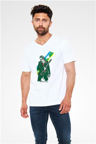 Steve Vai Baskılı Beyaz Unisex V Yaka Tişört - Tshirt