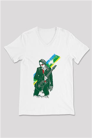 Steve Vai Baskılı Beyaz Unisex V Yaka Tişört - Tshirt