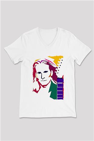 Steve Vai Baskılı Beyaz Unisex V Yaka Tişört - Tshirt