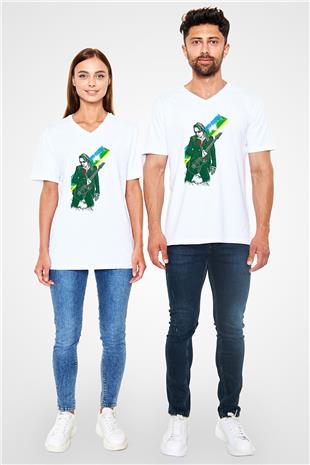 Steve Vai Baskılı Beyaz Unisex V Yaka Tişört - Tshirt