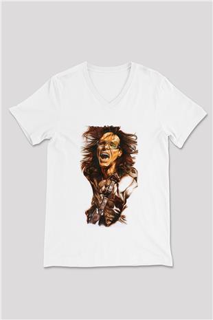 Steve Vai Baskılı Beyaz Unisex V Yaka Tişört - Tshirt