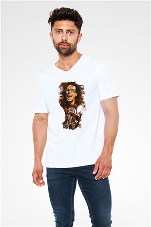 Steve Vai Baskılı Beyaz Unisex V Yaka Tişört - Tshirt