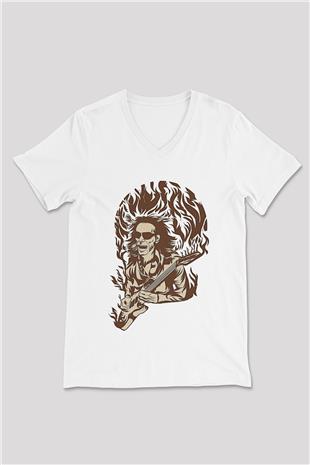 Steve Vai Baskılı Beyaz Unisex V Yaka Tişört - Tshirt