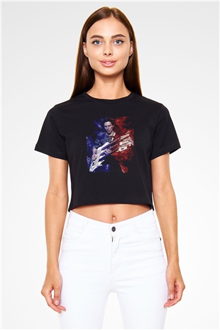 Steve Vai Baskılı Siyah Crop Top Kadın Tişört - Tshirt
