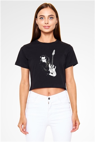 Steve Vai Baskılı Siyah Crop Top Kadın Tişört - Tshirt