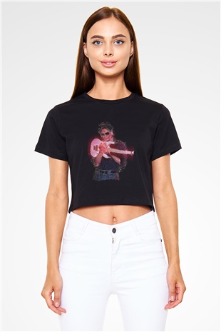 Steve Vai Baskılı Siyah Crop Top Kadın Tişört - Tshirt