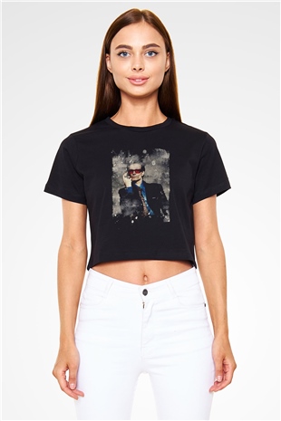 Steve Vai Baskılı Siyah Crop Top Kadın Tişört - Tshirt