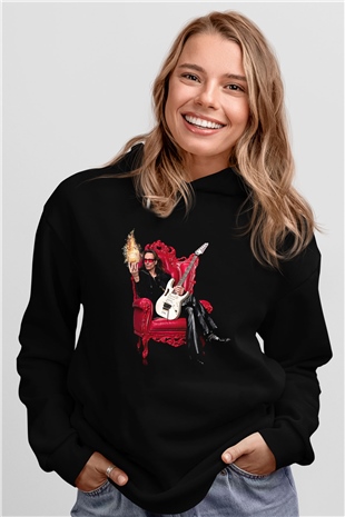 Steve Vai Baskılı Unisex Siyah Kapüşonlu Sweatshirt