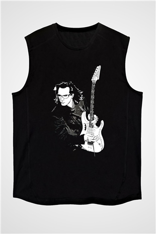 Steve Vai Baskılı Unisex Siyah Kolsuz Tişört - Tshirt