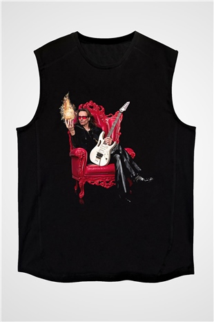 Steve Vai Baskılı Unisex Siyah Kolsuz Tişört - Tshirt