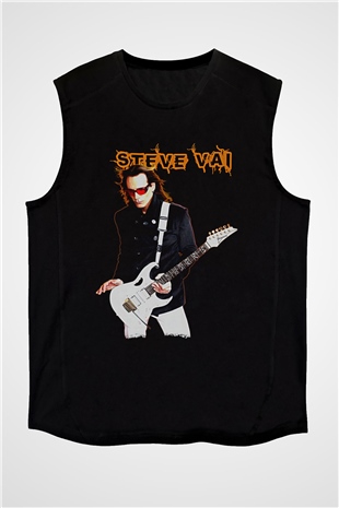 Steve Vai Baskılı Unisex Siyah Kolsuz Tişört - Tshirt