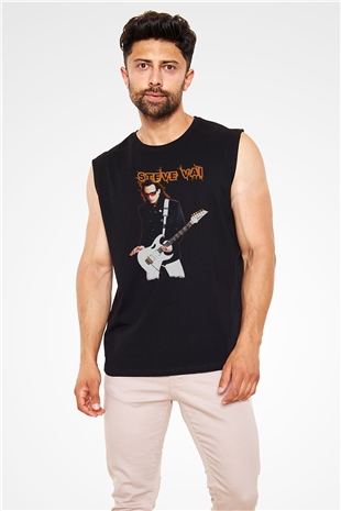 Steve Vai Baskılı Unisex Siyah Kolsuz Tişört - Tshirt