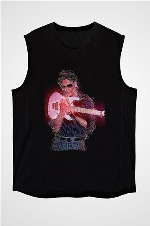 Steve Vai Baskılı Unisex Siyah Kolsuz Tişört - Tshirt