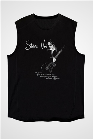 Steve Vai Baskılı Unisex Siyah Kolsuz Tişört - Tshirt