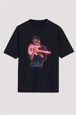 Steve Vai Baskılı Unisex Siyah Oversize Tişört - Tshirt