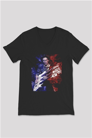 Steve Vai Baskılı Unisex Siyah V Yaka Tişört - Tshirt