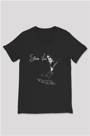 Steve Vai Baskılı Unisex Siyah V Yaka Tişört - Tshirt
