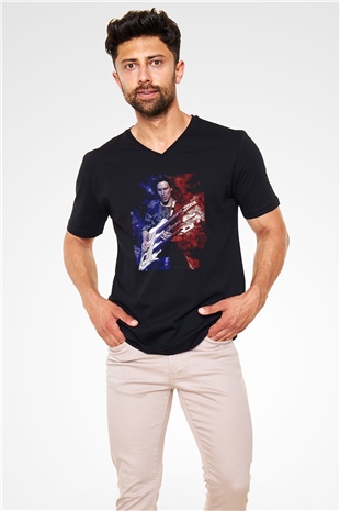 Steve Vai Baskılı Unisex Siyah V Yaka Tişört - Tshirt