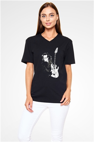 Steve Vai Baskılı Unisex Siyah V Yaka Tişört - Tshirt