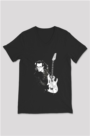 Steve Vai Baskılı Unisex Siyah V Yaka Tişört - Tshirt