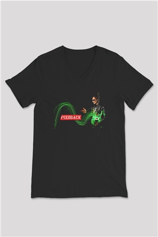 Steve Vai Baskılı Unisex Siyah V Yaka Tişört - Tshirt