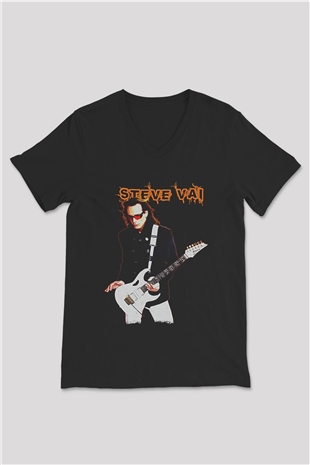 Steve Vai Baskılı Unisex Siyah V Yaka Tişört - Tshirt
