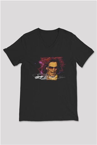Steve Vai Baskılı Unisex Siyah V Yaka Tişört - Tshirt