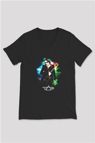 Steve Vai Baskılı Unisex Siyah V Yaka Tişört - Tshirt
