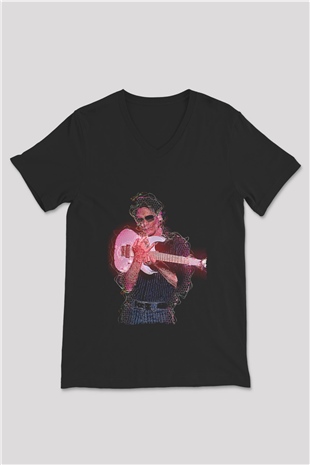 Steve Vai Baskılı Unisex Siyah V Yaka Tişört - Tshirt