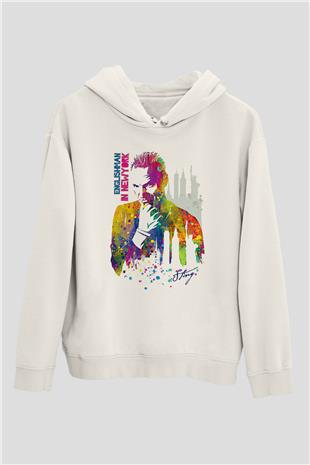 Sting Baskılı Beyaz Unisex Kapüşonlu Sweatshirt