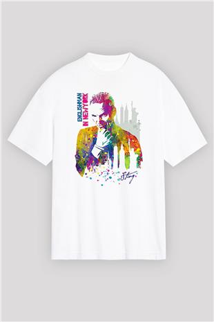 Sting Baskılı Beyaz Unisex Oversize Tişört - Tshirt