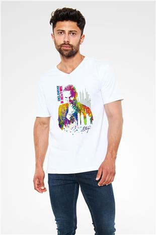 Sting Baskılı Beyaz Unisex V Yaka Tişört - Tshirt