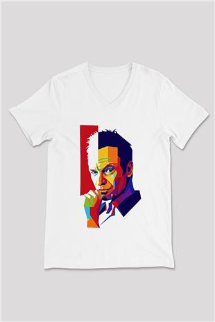Sting Baskılı Beyaz Unisex V Yaka Tişört - Tshirt