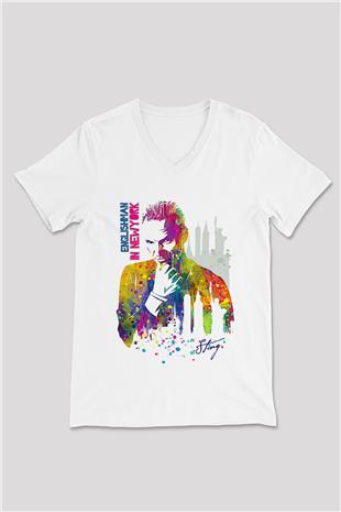 Sting Baskılı Beyaz Unisex V Yaka Tişört - Tshirt