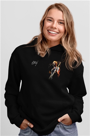 Sting Baskılı Unisex Siyah Kapüşonlu Sweatshirt