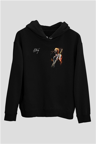 Sting Baskılı Unisex Siyah Kapüşonlu Sweatshirt