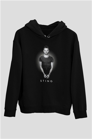 Sting Baskılı Unisex Siyah Kapüşonlu Sweatshirt