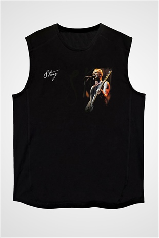 Sting Baskılı Unisex Siyah Kolsuz Tişört - Tshirt
