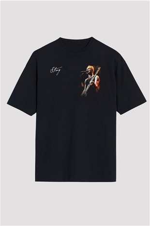 Sting Baskılı Unisex Siyah Oversize Tişört - Tshirt