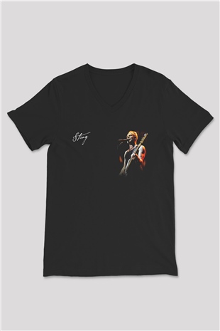 Sting Baskılı Unisex Siyah V Yaka Tişört - Tshirt